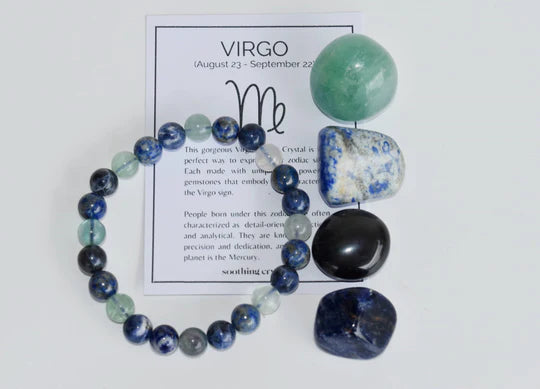 Virgo Zodiac Crystal Kit | Astrology Gift Set with Healing Gemstones – Lapis Lazuli, Green Fluorite, Sodalite & Black Obsidian | Crystal Bracelet & Tumbled Stones for Virgo