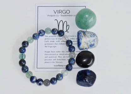 Virgo Zodiac Crystal Kit | Astrology Gift Set with Healing Gemstones – Lapis Lazuli, Green Fluorite, Sodalite & Black Obsidian | Crystal Bracelet & Tumbled Stones for Virgo