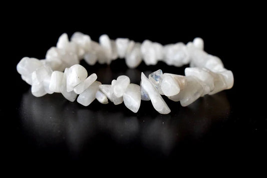 White Rainbow Moonstone Gemstone Chip Bracelet | 7-7.5 Inch Healing Crystal Bracelet for Intuition & New Beginnings